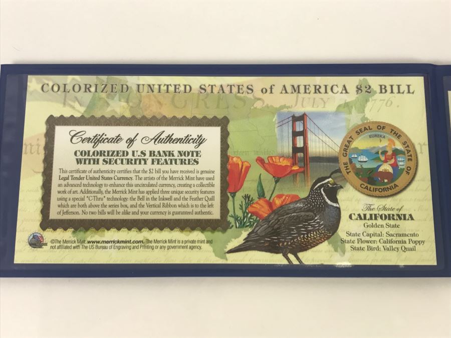 Colorized U.S. Bank Note With Security Features $2 Bill California Merrick Mint [Photo 7]