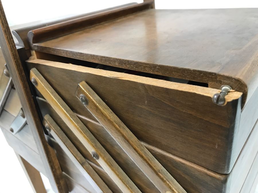Strommen Bruk Hamar Norway Wooden Fold Out Sewing Box With Sewing Supplies - Note Damage To One Of The Wooden Slats [Photo 3]
