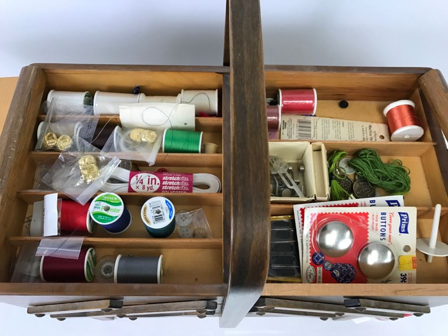 Strommen Bruk Hamar Norway Wooden Fold Out Sewing Box With Sewing Supplies - Note Damage To One Of The Wooden Slats [Photo 6]