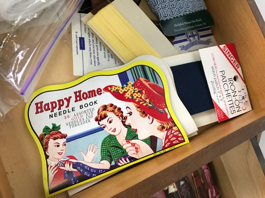 Strommen Bruk Hamar Norway Wooden Fold Out Sewing Box With Sewing Supplies - Note Damage To One Of The Wooden Slats [Photo 12]