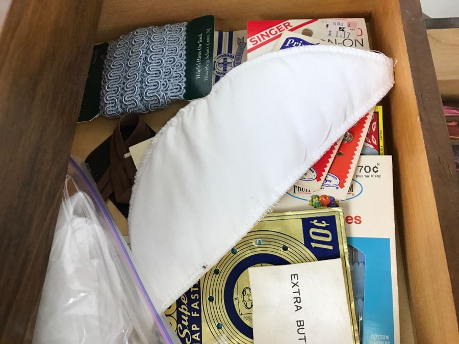 Strommen Bruk Hamar Norway Wooden Fold Out Sewing Box With Sewing Supplies - Note Damage To One Of The Wooden Slats [Photo 11]