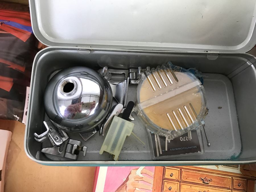 Strommen Bruk Hamar Norway Wooden Fold Out Sewing Box With Sewing Supplies - Note Damage To One Of The Wooden Slats [Photo 16]