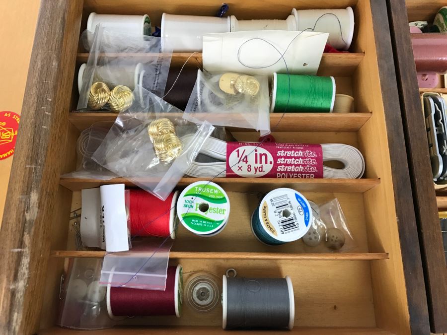 Strommen Bruk Hamar Norway Wooden Fold Out Sewing Box With Sewing Supplies - Note Damage To One Of The Wooden Slats [Photo 7]