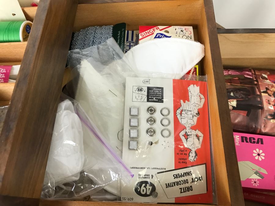 Strommen Bruk Hamar Norway Wooden Fold Out Sewing Box With Sewing Supplies - Note Damage To One Of The Wooden Slats [Photo 10]