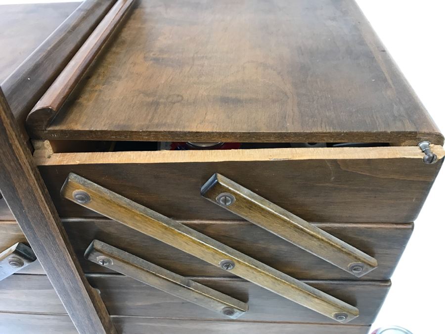 Strommen Bruk Hamar Norway Wooden Fold Out Sewing Box With Sewing Supplies - Note Damage To One Of The Wooden Slats [Photo 4]