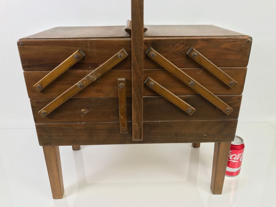 Strommen Bruk Hamar Norway Wooden Fold Out Sewing Box With Sewing Supplies - Note Damage To One Of The Wooden Slats [Photo 17]
