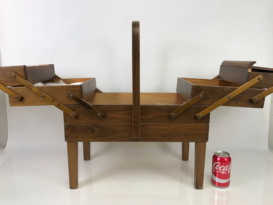 Strommen Bruk Hamar Norway Wooden Fold Out Sewing Box With Sewing Supplies - Note Damage To One Of The Wooden Slats [Photo 9]
