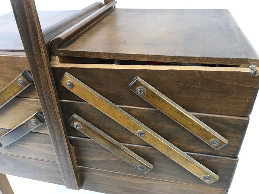 Strommen Bruk Hamar Norway Wooden Fold Out Sewing Box With Sewing Supplies - Note Damage To One Of The Wooden Slats [Photo 2]