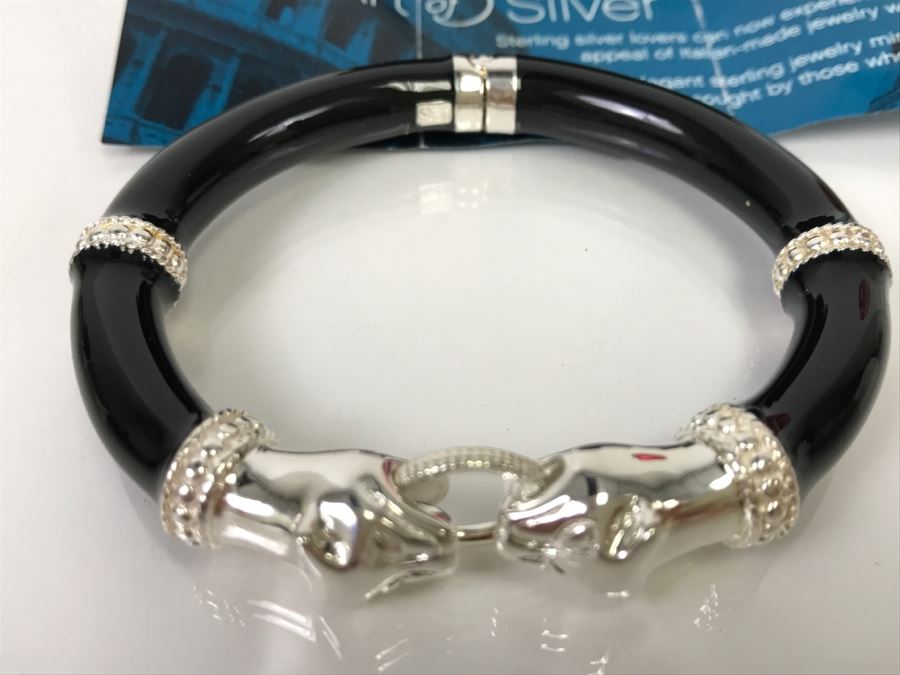 Arte D'Argento Italy Sterling Silver Bangle Panther Head Black [Photo 9]