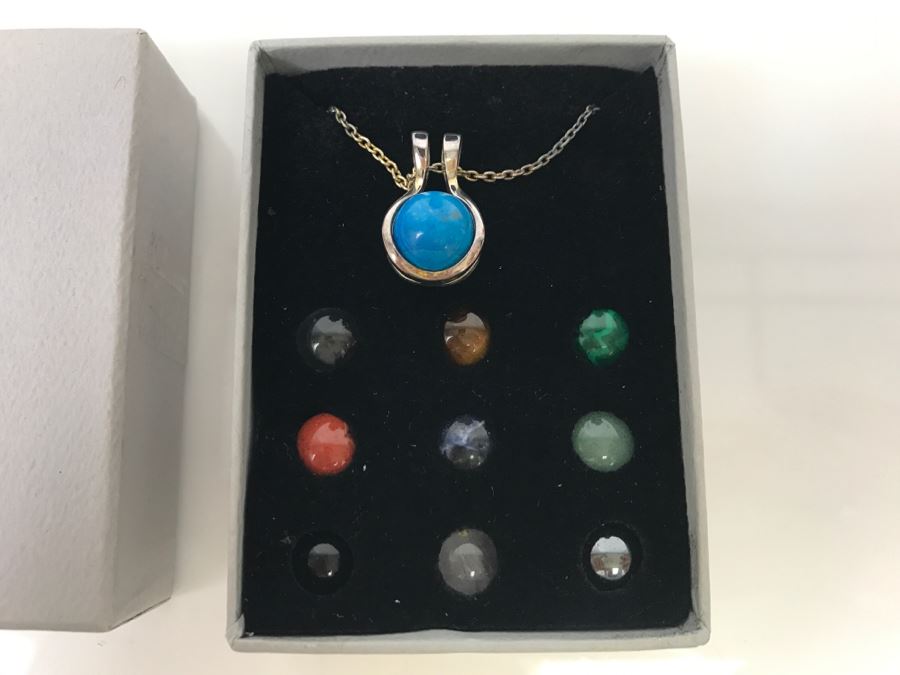 Sterling Silver Pendant Necklace With Various Interchangeable Round Polished Stones