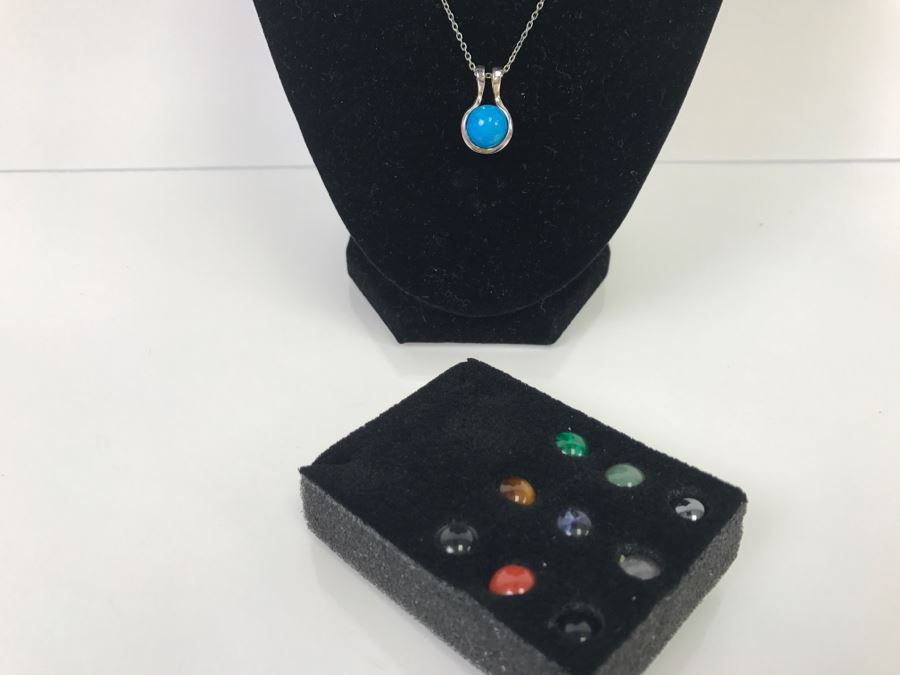 Sterling Silver Pendant Necklace With Various Interchangeable Round Polished Stones [Photo 5]
