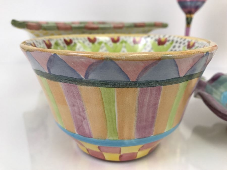 Set Of (5) MacKenzie-Childs Hand-Painted Ceramics 'Madison' Pattern + (2) MacKenzie-Childs Stemware + (2) Hand-Painted Stemware [Photo 3]