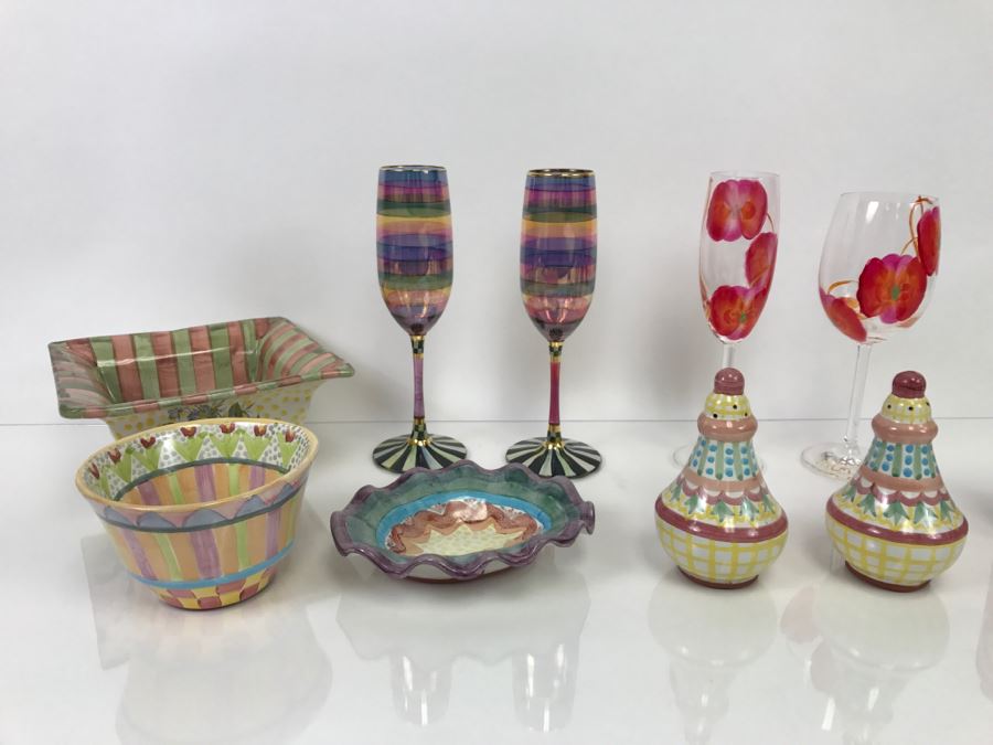 Set Of (5) MacKenzie-Childs Hand-Painted Ceramics 'Madison' Pattern + (2) MacKenzie-Childs Stemware + (2) Hand-Painted Stemware