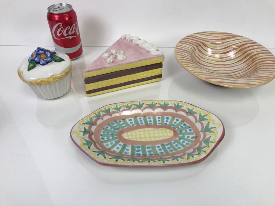 MacKenzie-Childs Hand-Painted Ceramics Platter 'Madison' Pattern And Bowl + Vietri Italian Cake Slice + Cupcake [Photo 2]