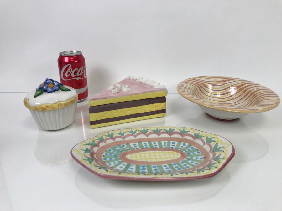 MacKenzie-Childs Hand-Painted Ceramics Platter 'Madison' Pattern And Bowl + Vietri Italian Cake Slice + Cupcake