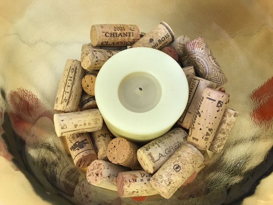 Pair Of Large Amber Glass Footed Vases Candelholders With Wine Corks And Candles [Photo 3]