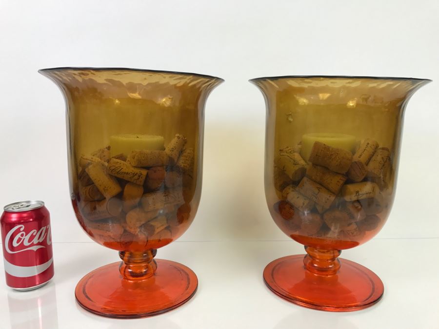 Pair Of Large Amber Glass Footed Vases Candelholders With Wine Corks And Candles