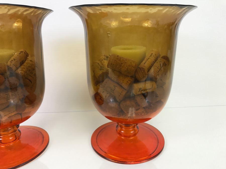 Pair Of Large Amber Glass Footed Vases Candelholders With Wine Corks And Candles [Photo 5]