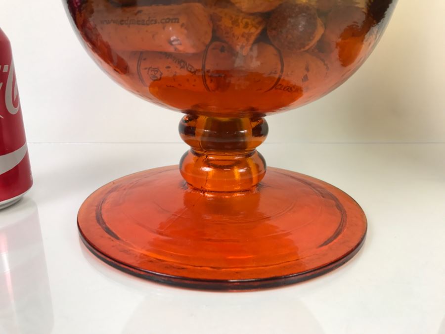 Pair Of Large Amber Glass Footed Vases Candelholders With Wine Corks And Candles [Photo 4]