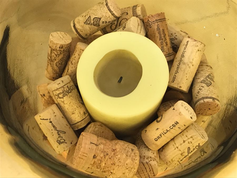 Pair Of Large Amber Glass Footed Vases Candelholders With Wine Corks And Candles [Photo 8]