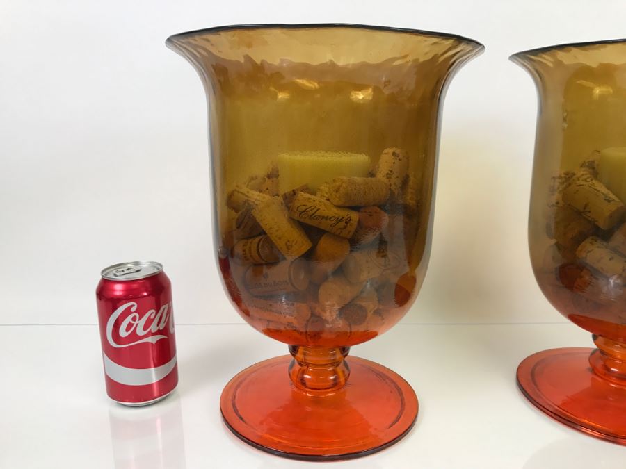 Pair Of Large Amber Glass Footed Vases Candelholders With Wine Corks And Candles [Photo 2]