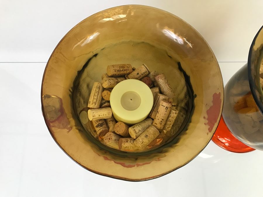 Pair Of Large Amber Glass Footed Vases Candelholders With Wine Corks And Candles [Photo 6]