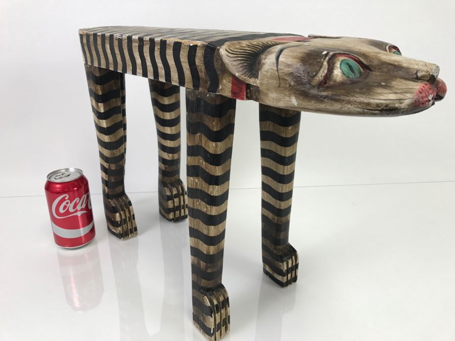 Unique Hand-Painted Stool In Form Of Cat - 1'10'W X 7'D X 1'2'H