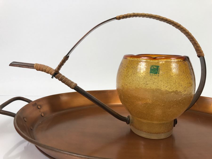 Copper Tone Serving Platter And Global Amici Artisan Decorative Amber Bubble Glass & Copper Watering Can [Photo 3]