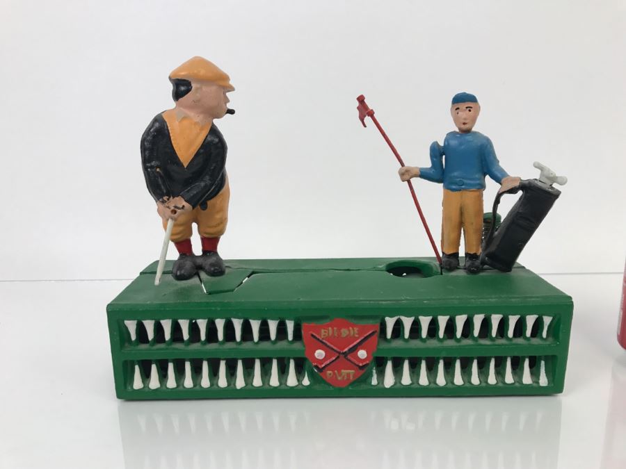 Reproduction Mechanical Bank Metal Birdie Putt Golfer With Caddy
