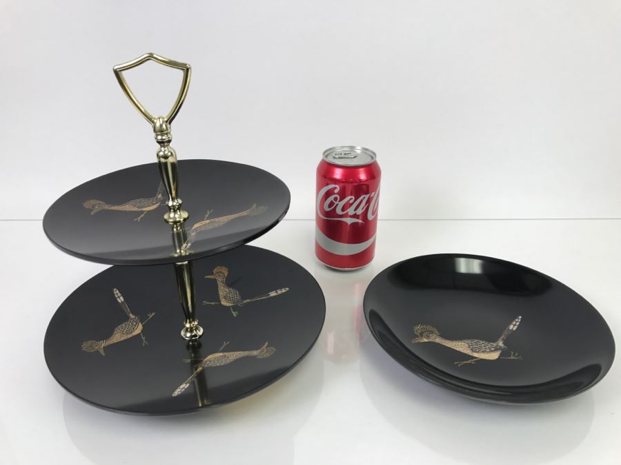 Couroc Of Monterey CA Handcrafted Roadrunner Plate And 2-Tier Serving Dish Stand Platter - Excellent Condition [Photo 1]