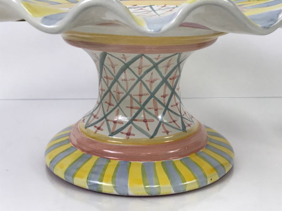 MacKenzie-Childs Hand-Painted Ceramics 'Madison' Pattern Footed Cake Stand