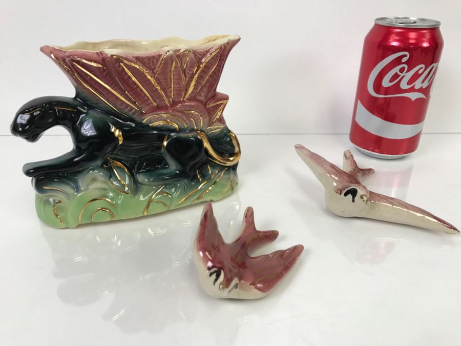 Black Panther Ceramic Planter And Pair Of Ceramic Birds [Photo 1]