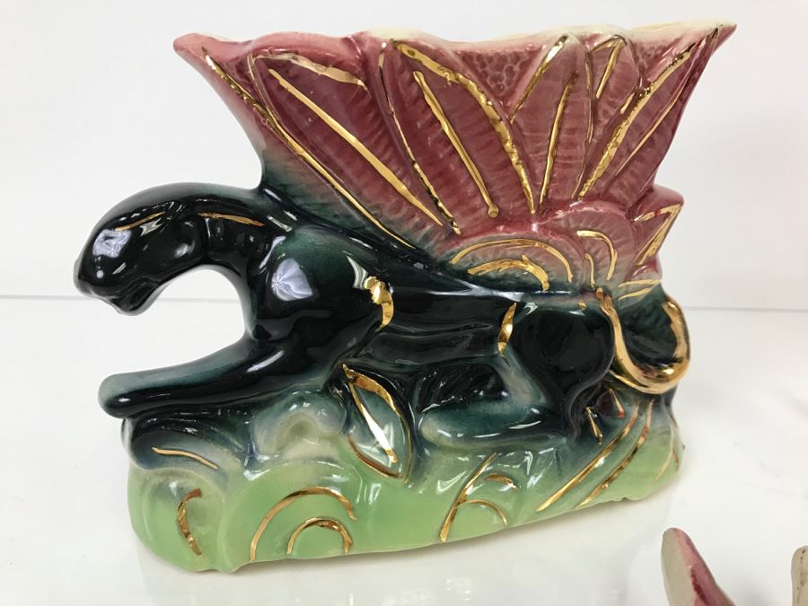 Black Panther Ceramic Planter And Pair Of Ceramic Birds [Photo 2]