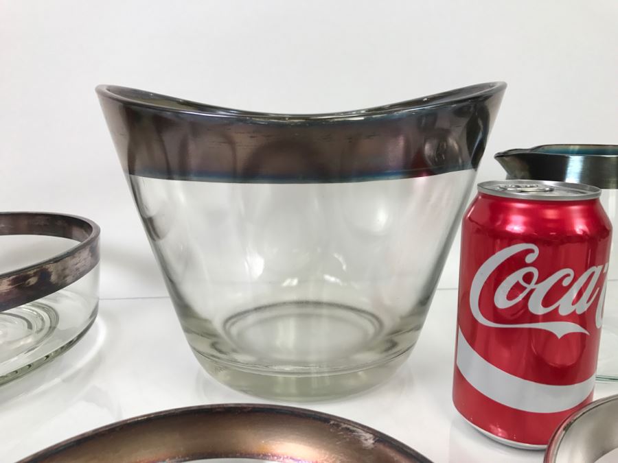 Set Of Silver Rimmed Glasses Including Large Ice Bucket, Pitcher, Bowls [Photo 3]