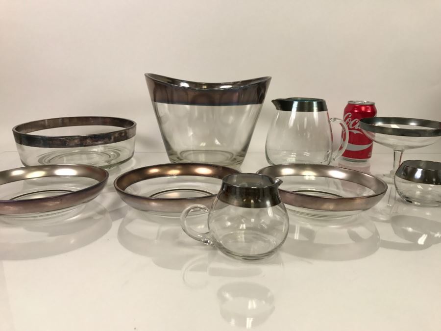 Set Of Silver Rimmed Glasses Including Large Ice Bucket, Pitcher, Bowls [Photo 2]
