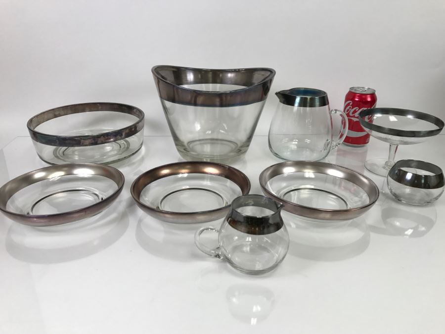 Set Of Silver Rimmed Glasses Including Large Ice Bucket, Pitcher, Bowls