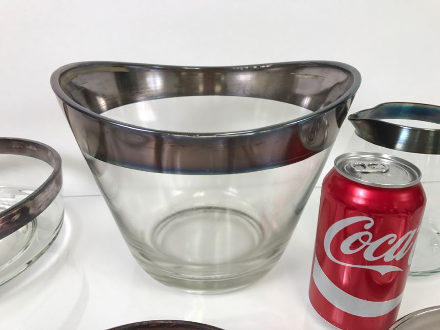 Set Of Silver Rimmed Glasses Including Large Ice Bucket, Pitcher, Bowls [Photo 4]