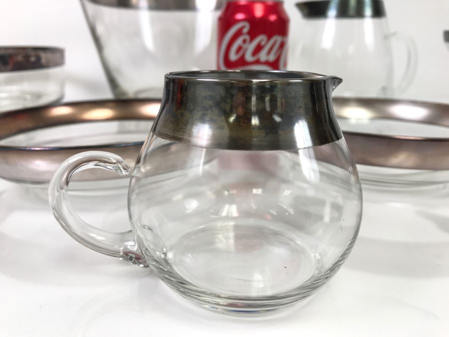 Set Of Silver Rimmed Glasses Including Large Ice Bucket, Pitcher, Bowls [Photo 9]