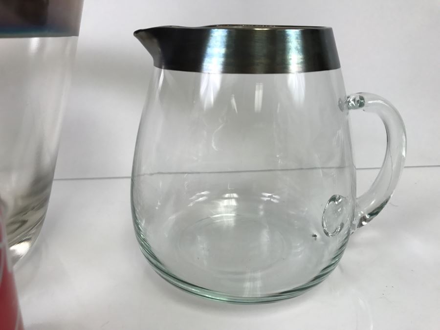 Set Of Silver Rimmed Glasses Including Large Ice Bucket, Pitcher, Bowls [Photo 8]