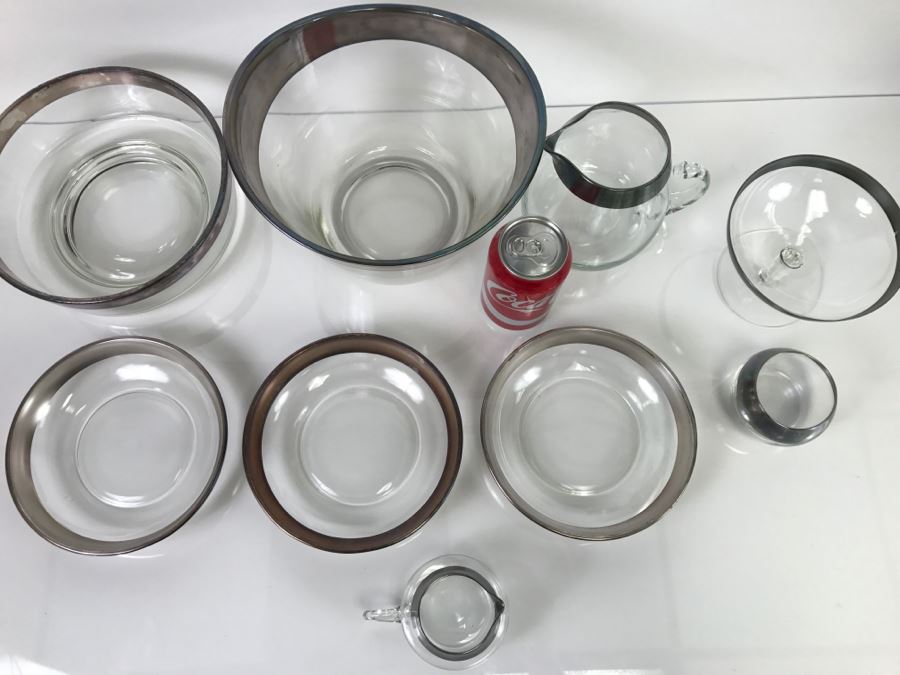 Set Of Silver Rimmed Glasses Including Large Ice Bucket, Pitcher, Bowls [Photo 7]