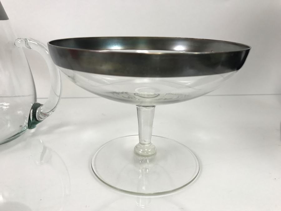 Set Of Silver Rimmed Glasses Including Large Ice Bucket, Pitcher, Bowls [Photo 12]