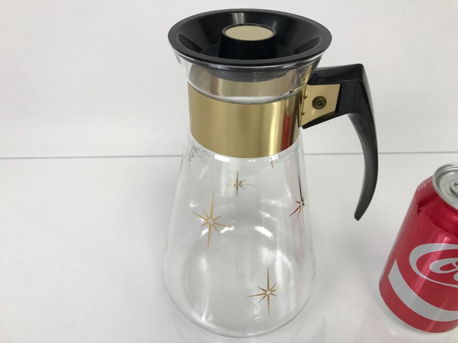 Vintage Glass Coffee Carafe, Corning Glass, Gold Atomic Starburst