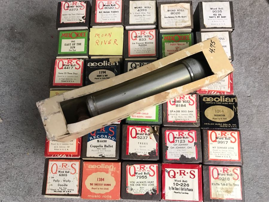 Box Of Various Vintage Piano Rolls For Player Piano Plus Player Piano Pump