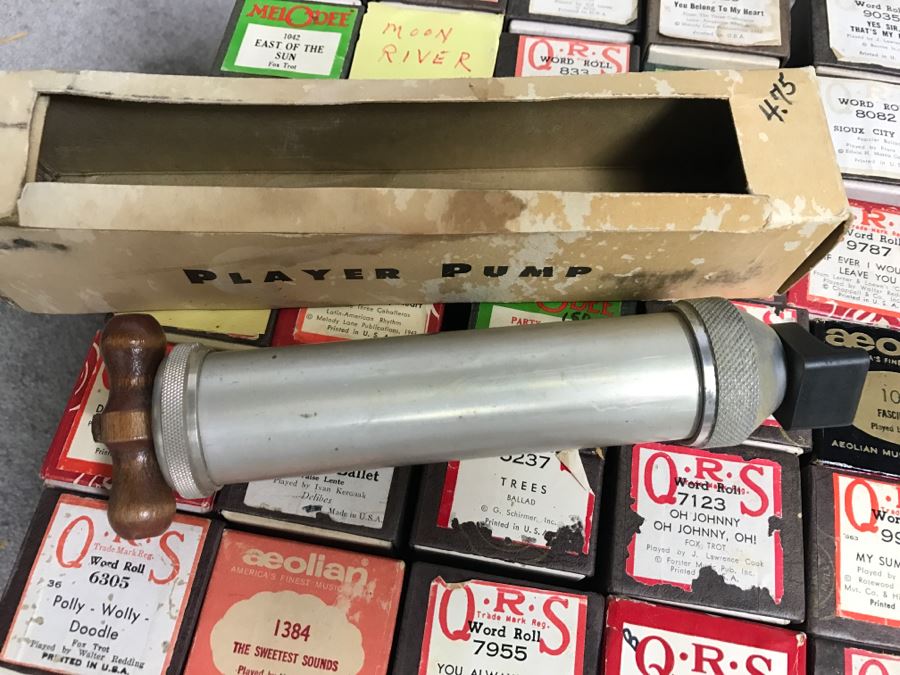 Box Of Various Vintage Piano Rolls For Player Piano Plus Player Piano Pump [Photo 3]