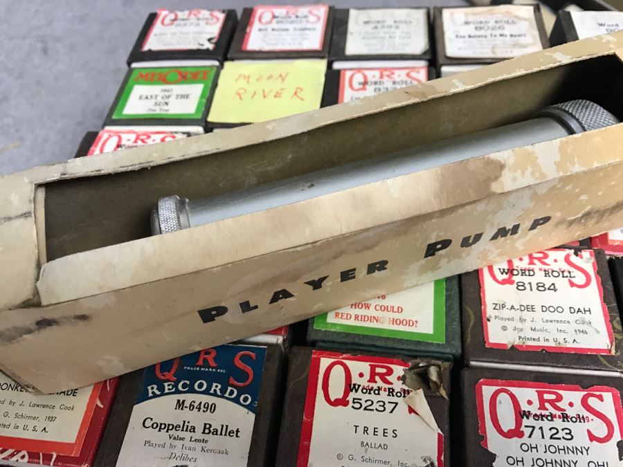 Box Of Various Vintage Piano Rolls For Player Piano Plus Player Piano Pump [Photo 2]