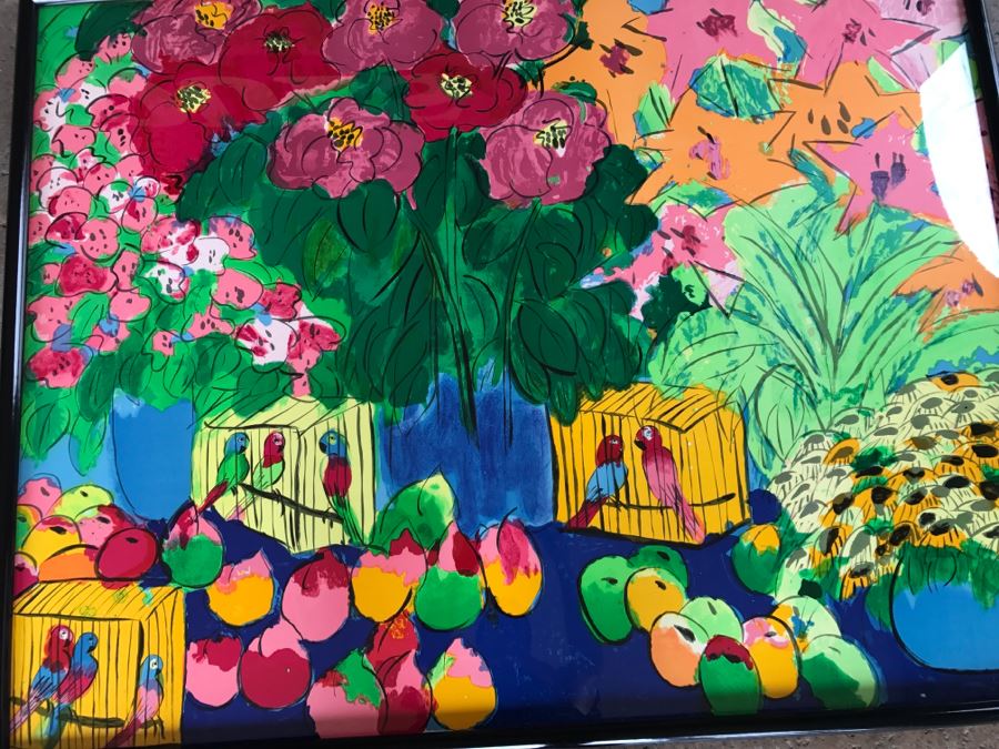 Walasse Ting Print Framed Flowers And Parrots - No Signature - No Dots Under Loop On Poster Board - Listed Chinese Artist - 5'3' X 4'1' [Photo 2]