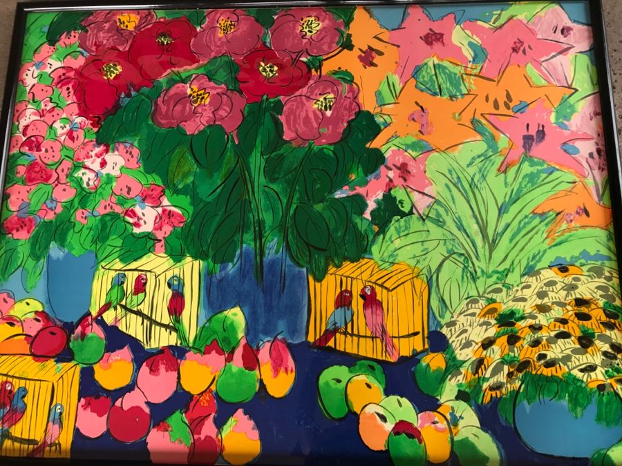 Walasse Ting Print Framed Flowers And Parrots - No Signature - No Dots Under Loop On Poster Board - Listed Chinese Artist - 5'3' X 4'1' [Photo 3]