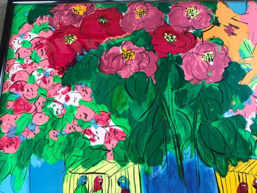 Walasse Ting Print Framed Flowers And Parrots - No Signature - No Dots Under Loop On Poster Board - Listed Chinese Artist - 5'3' X 4'1' [Photo 8]