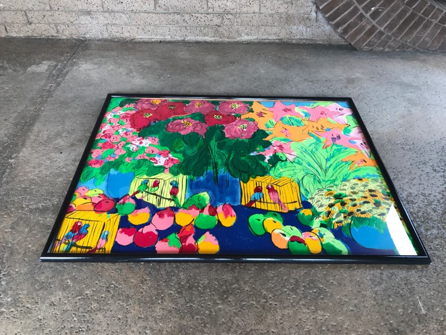 Walasse Ting Print Framed Flowers And Parrots - No Signature - No Dots Under Loop On Poster Board - Listed Chinese Artist - 5'3' X 4'1' [Photo 9]
