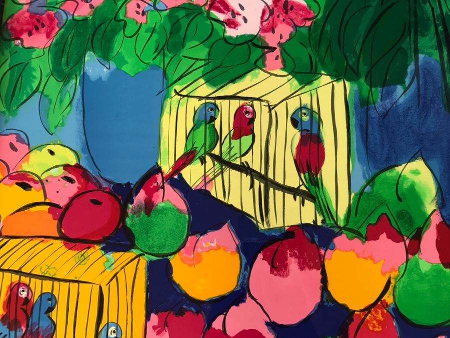 Walasse Ting Print Framed Flowers And Parrots - No Signature - No Dots Under Loop On Poster Board - Listed Chinese Artist - 5'3' X 4'1' [Photo 5]